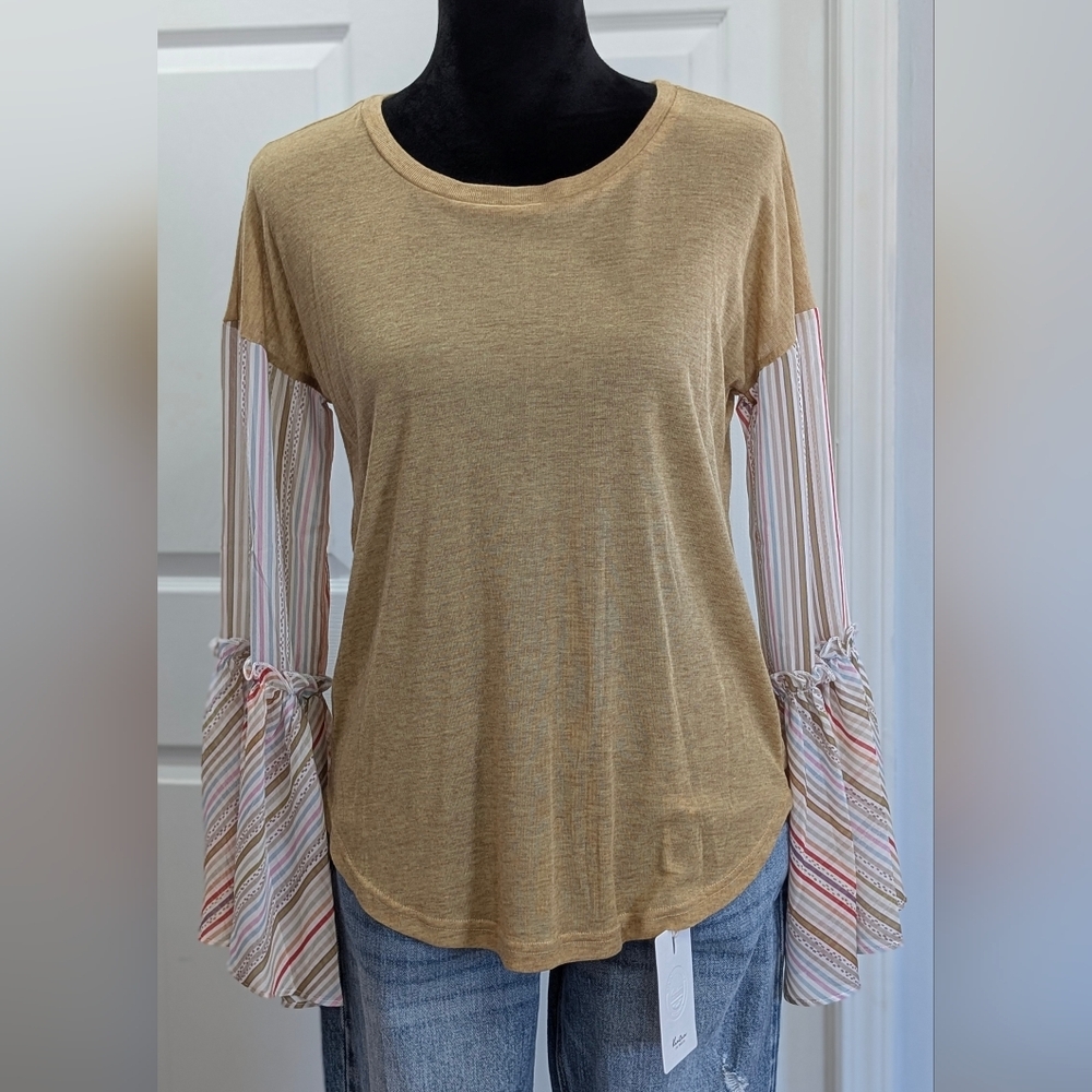 Striped Bell Sleeve Mustard Colored Top